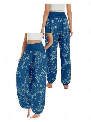 Ethnic Style Wide Leg Floral High Waist Full Length Trousers - Image 12