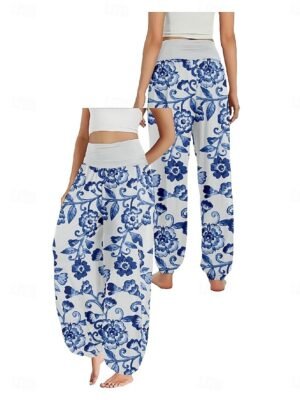 Ethnic Style Wide Leg Floral High Waist Full Length Trousers - Image 15