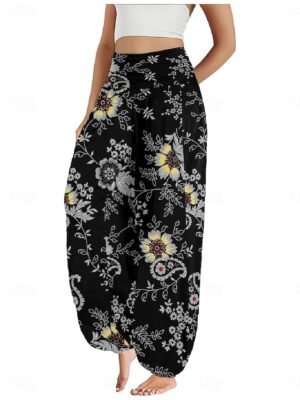 Ethnic Style Wide Leg Floral High Waist Full Length Trousers - Image 16