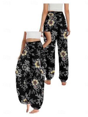 Ethnic Style Wide Leg Floral High Waist Full Length Trousers - Image 18