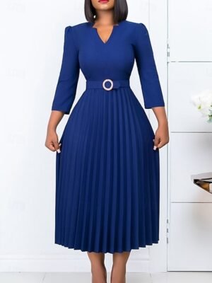 Fashion A-Line Plain V Neck Long Sleeve Midi Dress - Image 1