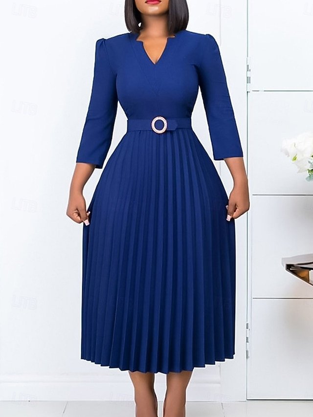 Fashion A-Line Plain V Neck Long Sleeve Midi Dress - Image 1