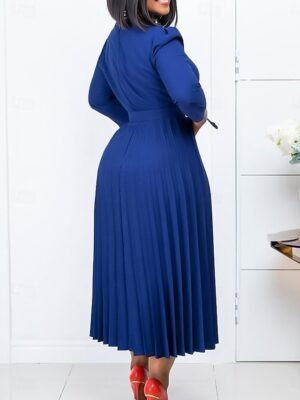 Fashion A-Line Plain V Neck Long Sleeve Midi Dress - Image 2