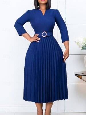 Fashion A-Line Plain V Neck Long Sleeve Midi Dress - Image 3
