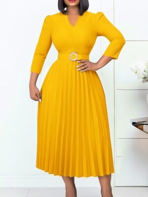 Fashion A-Line Plain V Neck Long Sleeve Midi Dress - Image 4