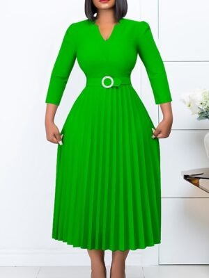 Fashion A-Line Plain V Neck Long Sleeve Midi Dress - Image 5
