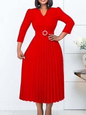 Fashion A-Line Plain V Neck Long Sleeve Midi Dress - Image 6
