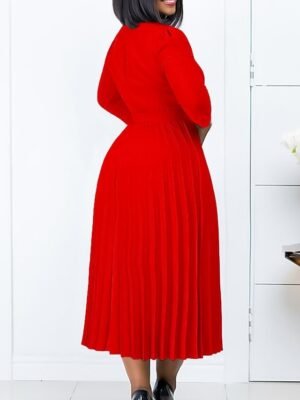 Fashion A-Line Plain V Neck Long Sleeve Midi Dress - Image 7