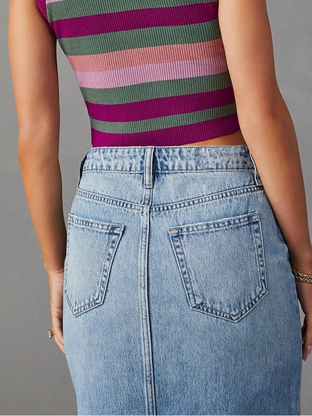 Fashion A Line Solid High Waist Midi Denim Skirt - Image 2