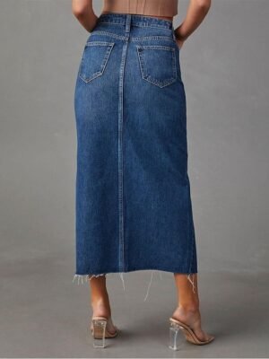 Fashion A Line Solid High Waist Midi Denim Skirt - Image 4