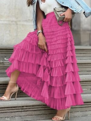 Fashion A-Line Solid High Waist Ruffle Layered Maxi Skirt - Image 1