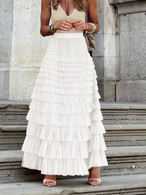 Fashion A-Line Solid High Waist Ruffle Layered Maxi Skirt - Image 7