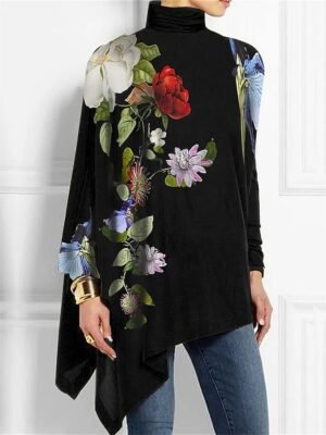 Fashion Asymmetrical Floral High Neck Long Sleeve Long Top - Image 1