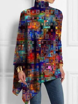 Fashion Asymmetrical Floral High Neck Long Sleeve Long Top - Image 2