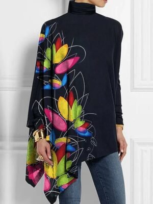 Fashion Asymmetrical Floral High Neck Long Sleeve Long Top - Image 3