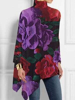Fashion Asymmetrical Floral High Neck Long Sleeve Long Top - Image 4