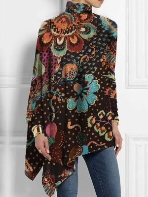 Fashion Asymmetrical Floral High Neck Long Sleeve Long Top - Image 5
