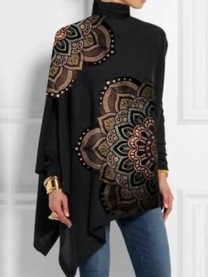 Fashion Asymmetrical Floral High Neck Long Sleeve Long Top - Image 6