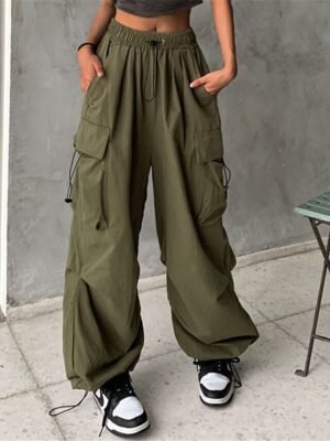 Fashion Baggy Micro-elastic High Waist Full Length Cargo Trousers - Image 3