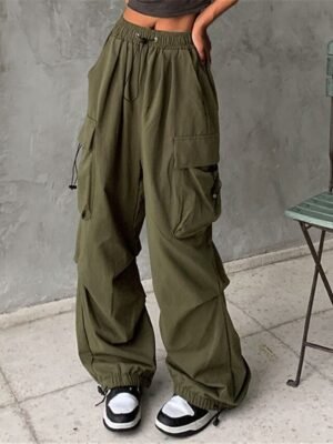 Fashion Baggy Micro-elastic High Waist Full Length Cargo Trousers - Image 4