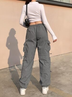 Fashion Baggy Plain Mid Waist Full Length Cargo Trousers - Image 10