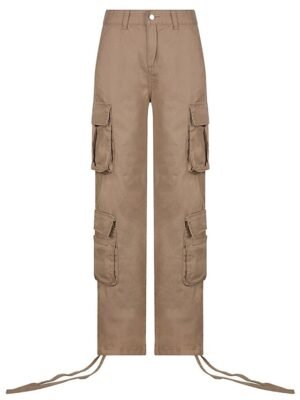 Fashion Baggy Plain Mid Waist Full Length Cargo Trousers - Image 11