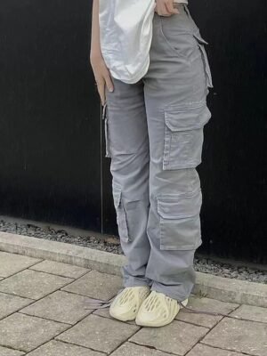 Fashion Baggy Plain Mid Waist Full Length Cargo Trousers - Image 12
