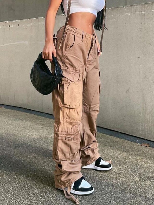 Fashion Baggy Plain Mid Waist Full Length Cargo Trousers - Image 2