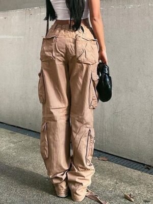 Fashion Baggy Plain Mid Waist Full Length Cargo Trousers - Image 3