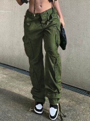 Fashion Baggy Plain Mid Waist Full Length Cargo Trousers - Image 4