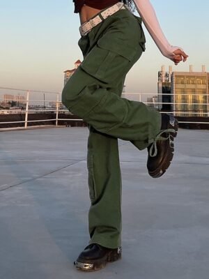 Fashion Baggy Plain Mid Waist Full Length Cargo Trousers - Image 5