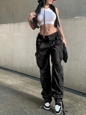 Fashion Baggy Plain Mid Waist Full Length Cargo Trousers - Image 6
