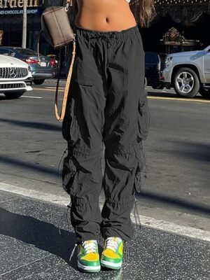 Fashion Baggy Plain Mid Waist Full Length Cargo Trousers - Image 8