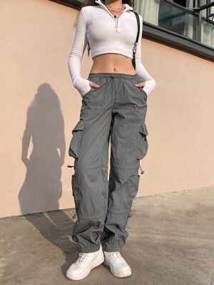Fashion Baggy Plain Mid Waist Full Length Cargo Trousers - Image 9