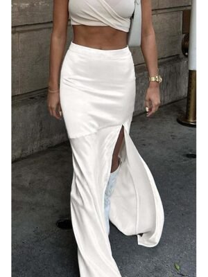 Fashion Bodycon Plain High Waist Split Maxi Skirt - Image 2