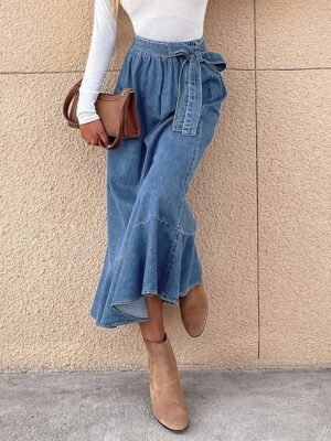 Fashion Casual A Line Solid High Waist Maxi Skirt - Image 4