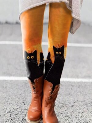 Fashion Casual Ankle-Length High Waist Cat Print Leggings - Image 4