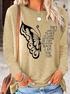 Fashion Casual Butterfly Letter Round Neck Long Sleeve Regular Top - Image 1