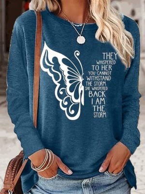 Fashion Casual Butterfly Letter Round Neck Long Sleeve Regular Top - Image 4