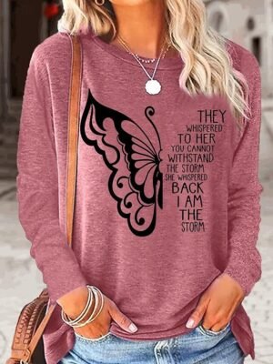 Fashion Casual Butterfly Letter Round Neck Long Sleeve Regular Top - Image 5