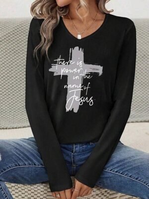 Fashion Casual Letter Print V Neck Long Sleeve Regular Top - Image 3