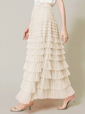 Fashion Casual Maxi High Waist Solid Ruffle Skirt - Image 14