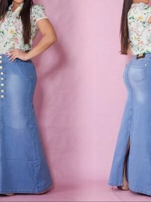 Fashion Casual Plain High Waist Maxi Denim Skirt - Image 2