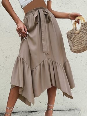 Fashion Casual Plain High Waist Ruffle Maxi Skirt - Image 4
