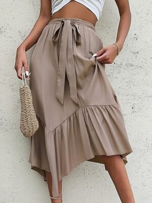 Fashion Casual Plain High Waist Ruffle Maxi Skirt - Image 5