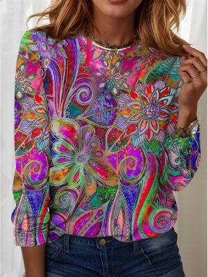 Fashion Casual Print Crew Neck Long Sleeve Regular Tunic T-Shirt - Image 2