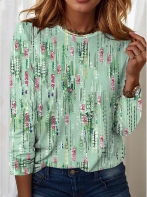 Fashion Casual Print Crew Neck Long Sleeve Regular Tunic T-Shirt - Image 3