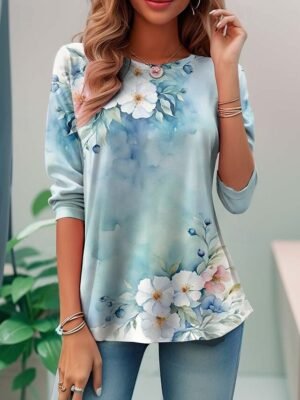 Fashion Casual Print Crew Neck Long Sleeve Regular Tunic T-Shirt - Image 4