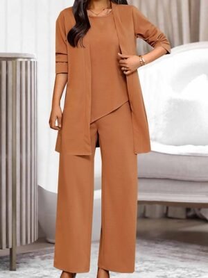 Fashion Casual Pure Colour Crew Neck Long Sleeve Summer 3 Piece Loungewear Set - Image 1