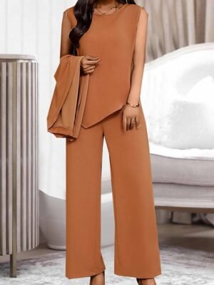 Fashion Casual Pure Colour Crew Neck Long Sleeve Summer 3 Piece Loungewear Set - Image 2